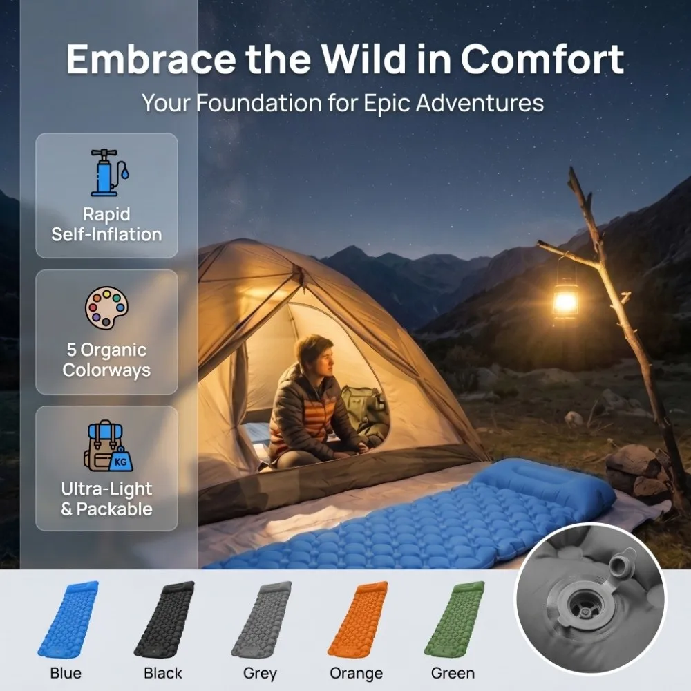 Inflatable Camping Sleeping Pad Ultralight Compact Inflatable Mattress Press Self-Inflating with Pillows Air Mattress Trekking