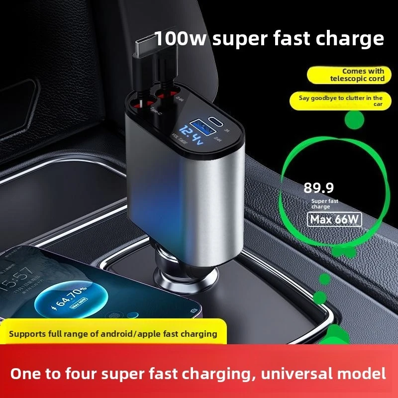 

86W 4 IN 1 Digital Display Retractable Car Charger USB Type C Cable For Apple Huawei Fast Charge Cord Cigarette Lighter Adapter