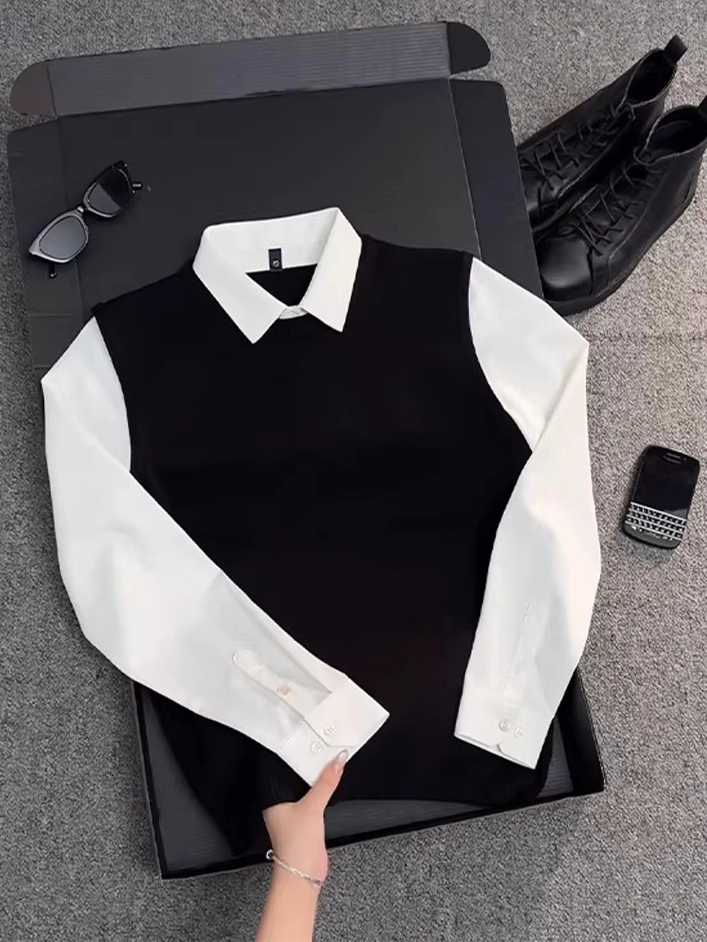 

Мужской свитер с имитацией двойки, вязаный, с воротником-стойкой, утепленный флисом, класса люкс, для делового стиля, осенне-зимняя одежда