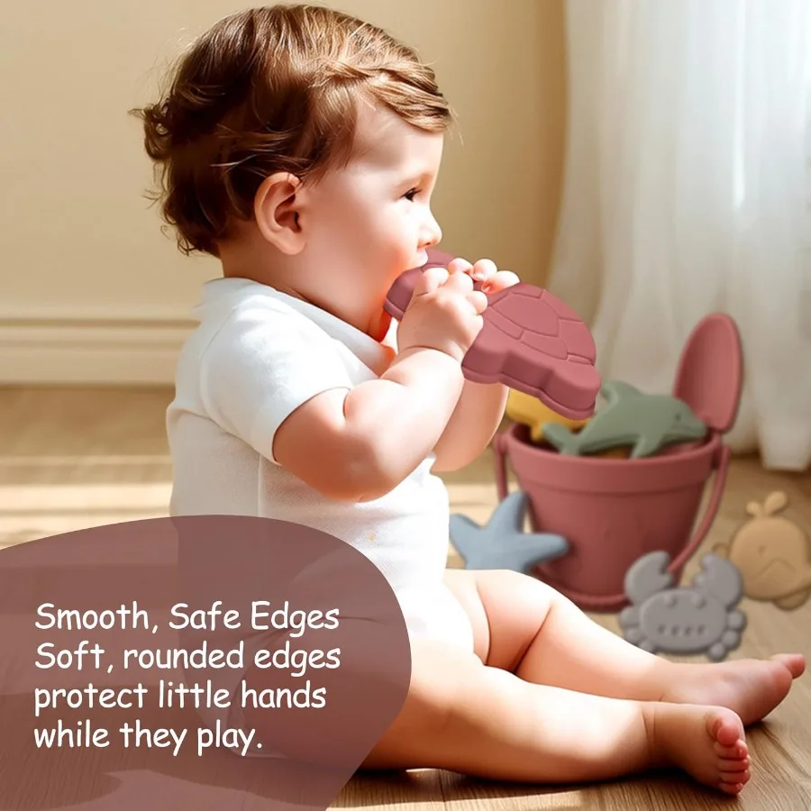 Silicone Beach Toys for Toddlers Travel Friendly Sand Toys for Babies 612 Months Collapsible Beach Bucket and Shovel Set with 6