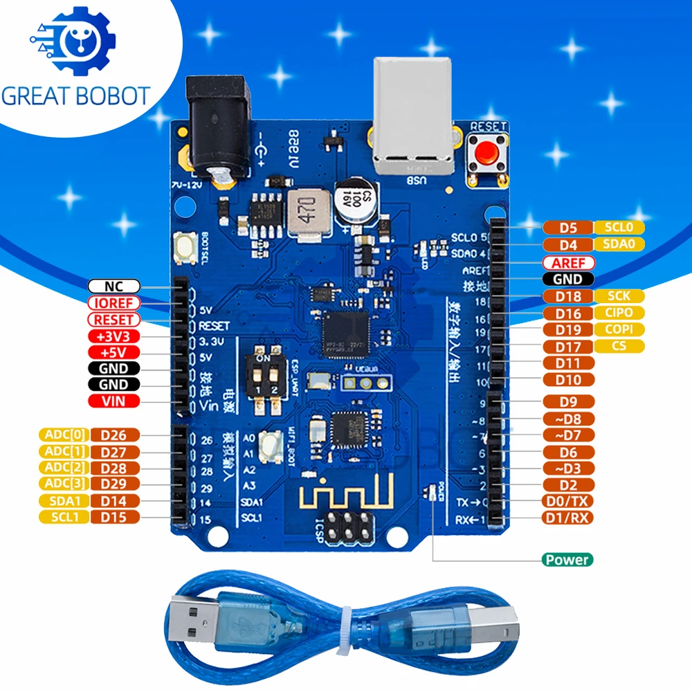 Raspberry Pi PICO W RP2040 WiFi Board (1PC Picoduino UN-O) - for Arduino-Compatible Development Module