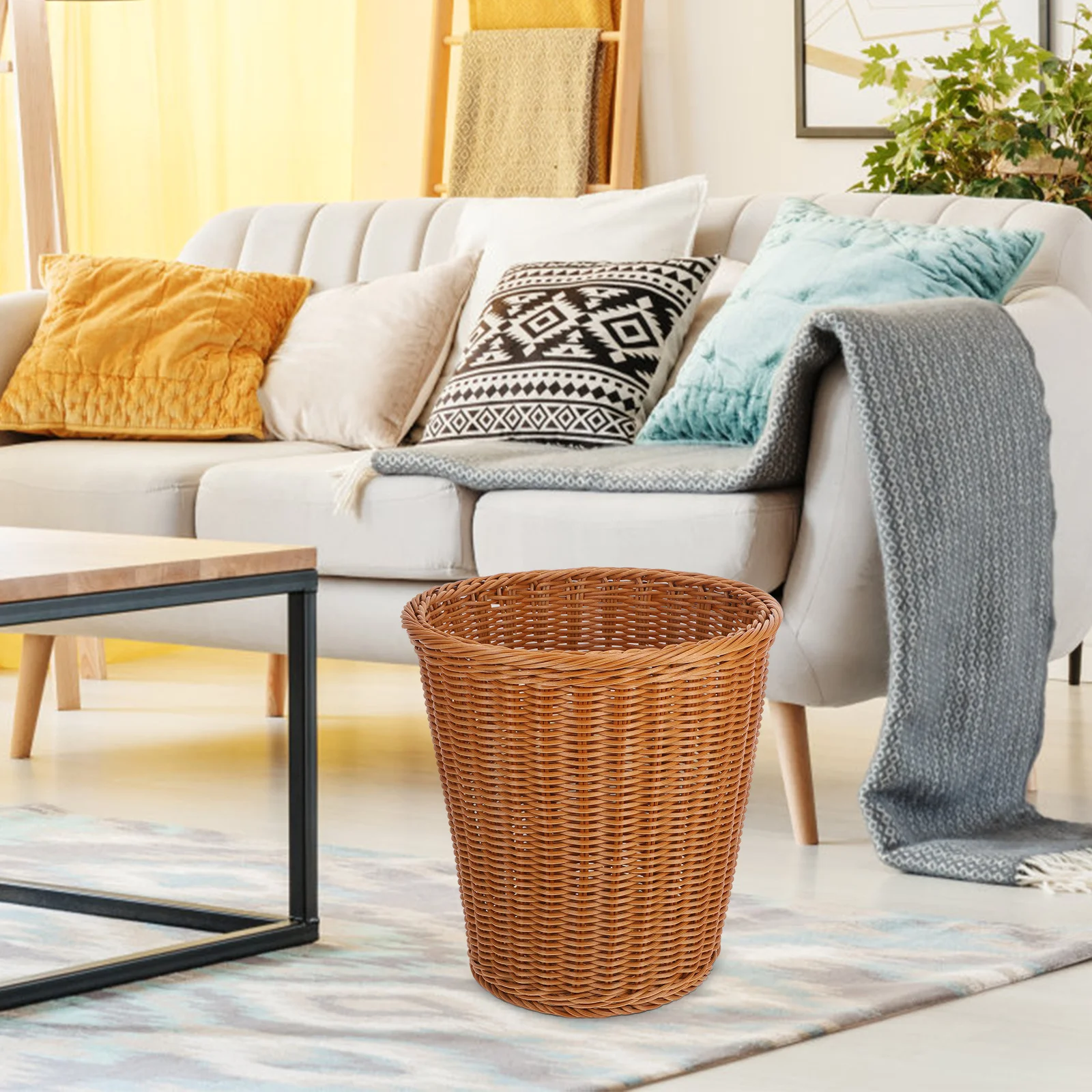 

1pc Imitated Rattan Trash Can 12L Foldable Woven Wastebasket For Home Bathroom Kitchen Plastic Woven Trash Can Household