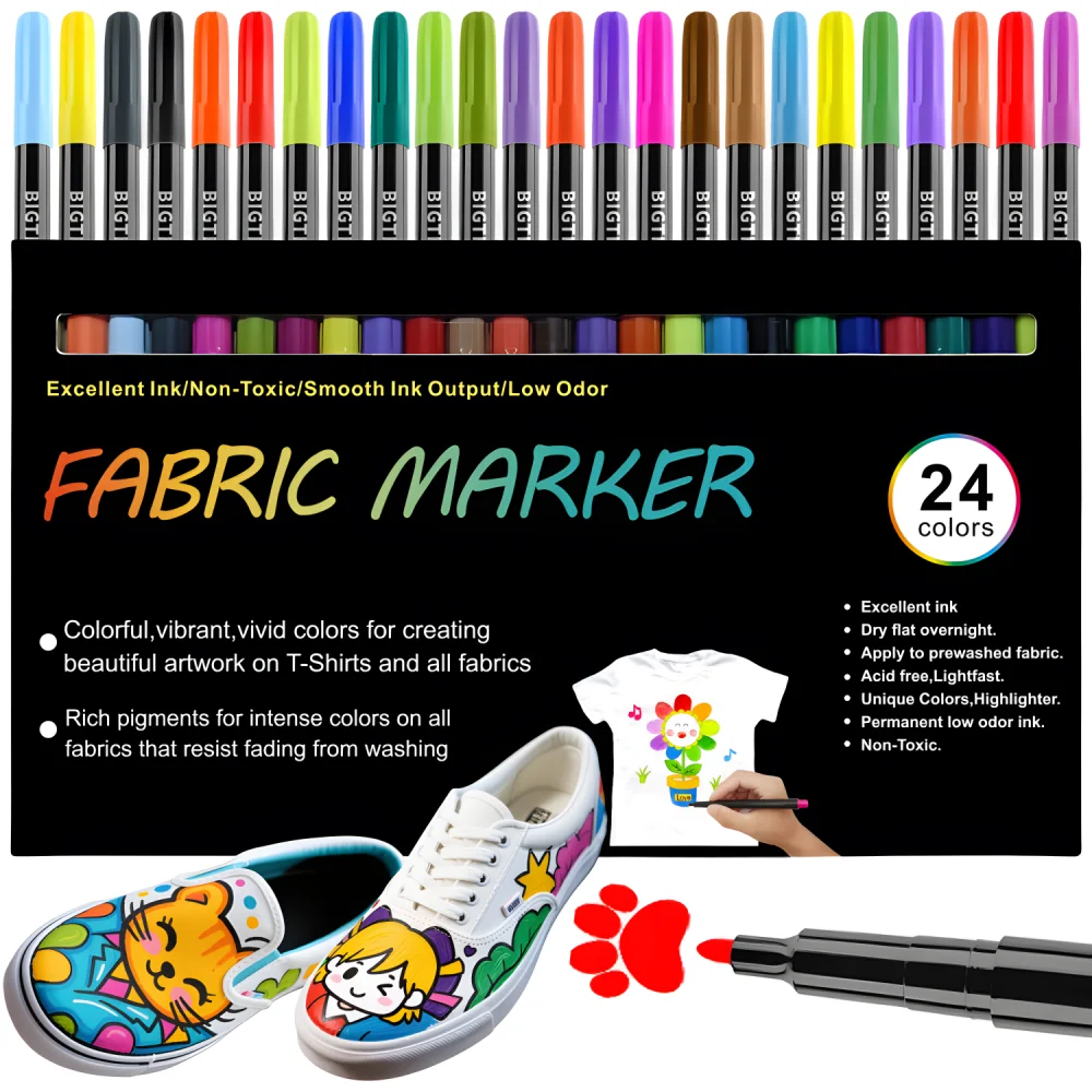 24Colors Fabric Markers Permanent For Clothes,Waterproof&Machine Washable,No Bleed Pen for T-Shirt,Canvas Shoes,Bags,Pillowcase