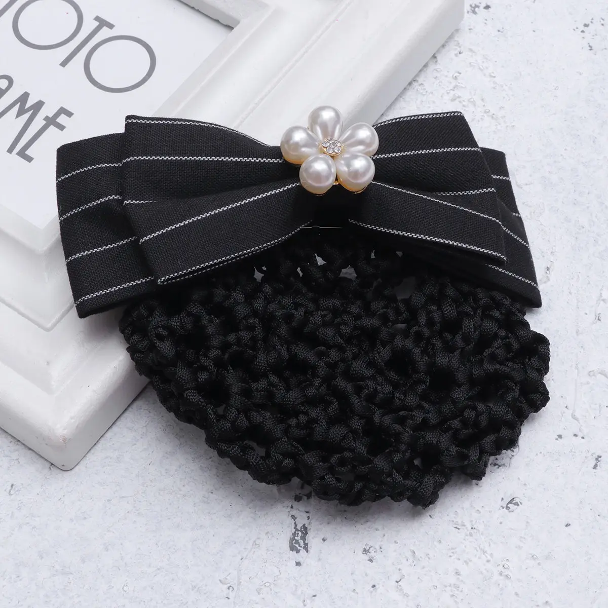Bowknot Design Hair Net Pearl Studded Hairpin Black White Striped Snood Hairpins Elegant Work Party Date Elastic Hair Clips