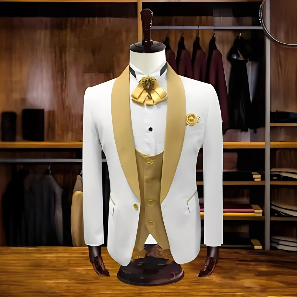 

Real Photo Ivory Wedding Groom Tuxedos Mens Shawl Collar Business Prom Party Blazer Suit Coat (Jacket+Pants+Vest+Tie)