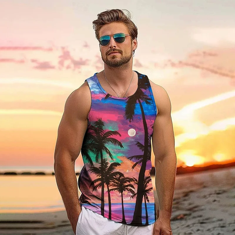 Harajuku Summer 3D New Tropical Leaves Printed Tank Top Men Coconut Trees Graphic Tank Tops Fashion Cool Vest Streetwear Clothes