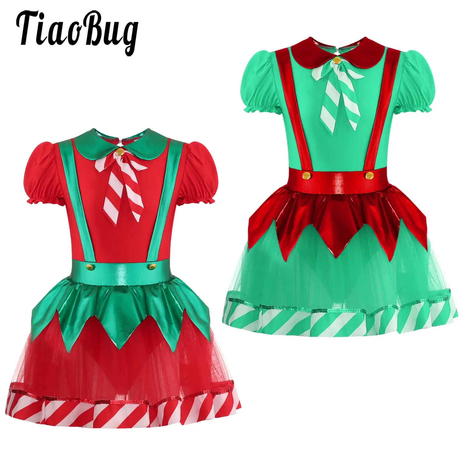 

Girls Christmas Dance Dress Costume Carnival Party Stripes Puff Sleeve Leotard Tutu Dress Dancewear Performance Dresses