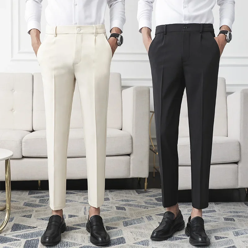 Slim Straight Non-iron Dress Pants Men Business Casual Little Feet Suit Pants Classic Black Apricot Dark Gray Male Trousers