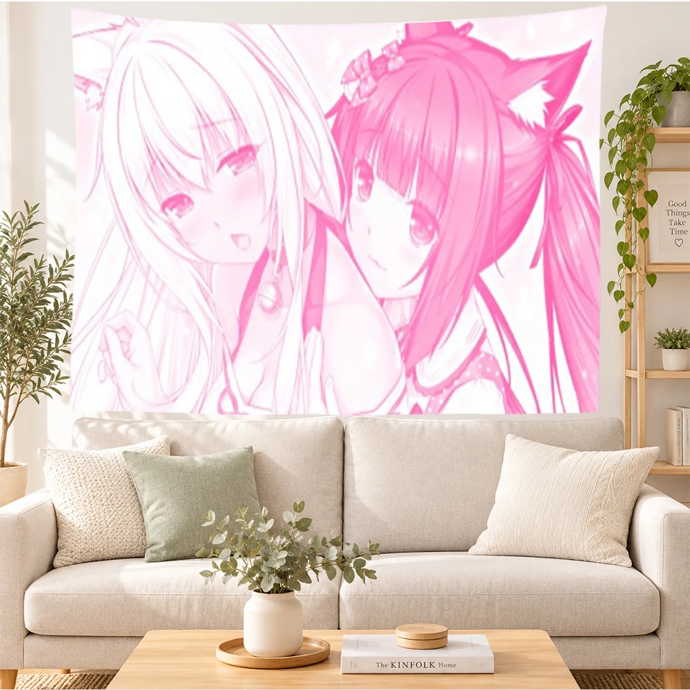 Pink Cartoon Cat Ears Girls Print Tapestry Cute Kawaii Style Wall Hanging Cloth Bedroom Dorm Background Decor Home Room