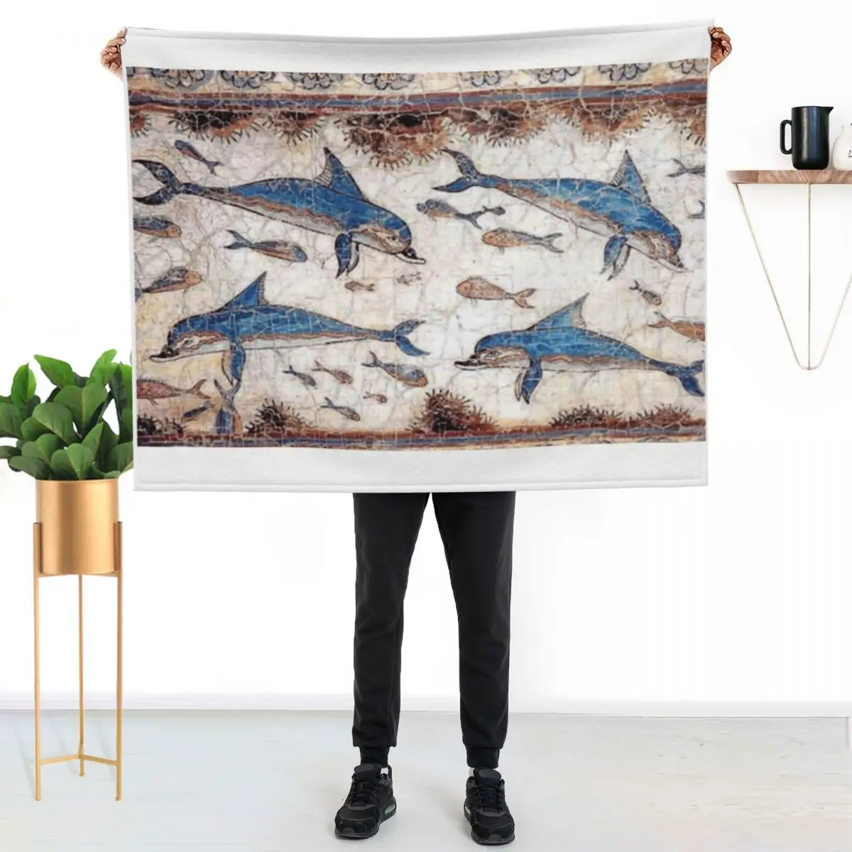 Minoan Dolphins Fresco Throw Blanket Flannels Luxury Designer Decorative Sofa Decorative Beds Summer Sleeping Bag Blankets