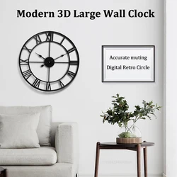 Modern 3D Large Wall Clocks Roman Numerals Retro Round Metal Iron Accurate Silent Nordic Hanging Ornament Living Room Decoration