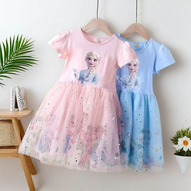 

Summer Disney Elsa Princess Dresses Flying Sleeve Kids Dress Girls Clothes 2025 New Frozen Party Baby Dresses for Children 3-8T
