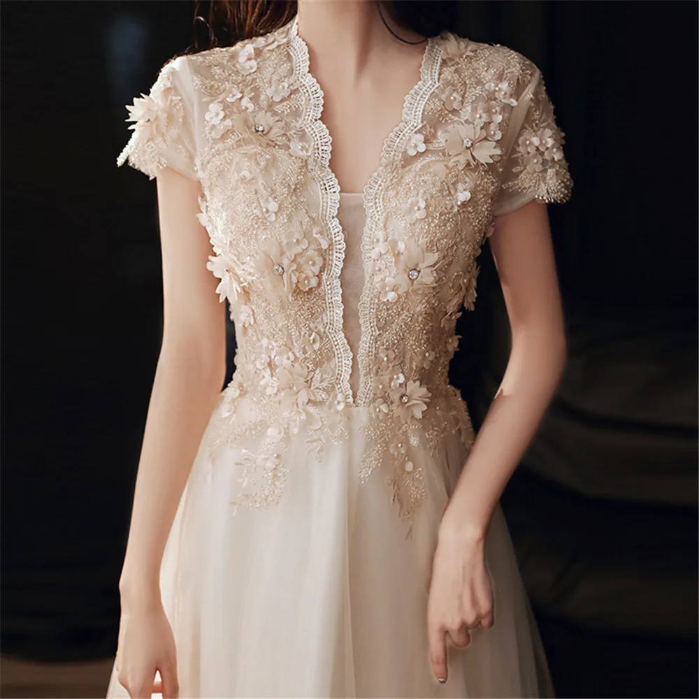 فاخر الفرنسية العميق الخامس الرقبة مطرز زين فستان زفاف العروس مثير الزفاف مساء حفلة المرأة الرسمية الكرة ثوب #4