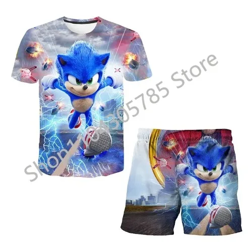 

2025 Anime Sonics Children's Shorts T-shirt Set Hedge-hogs Top Short Sleeve Shorts Two-piece Set Boys Cosplay Costume Blue