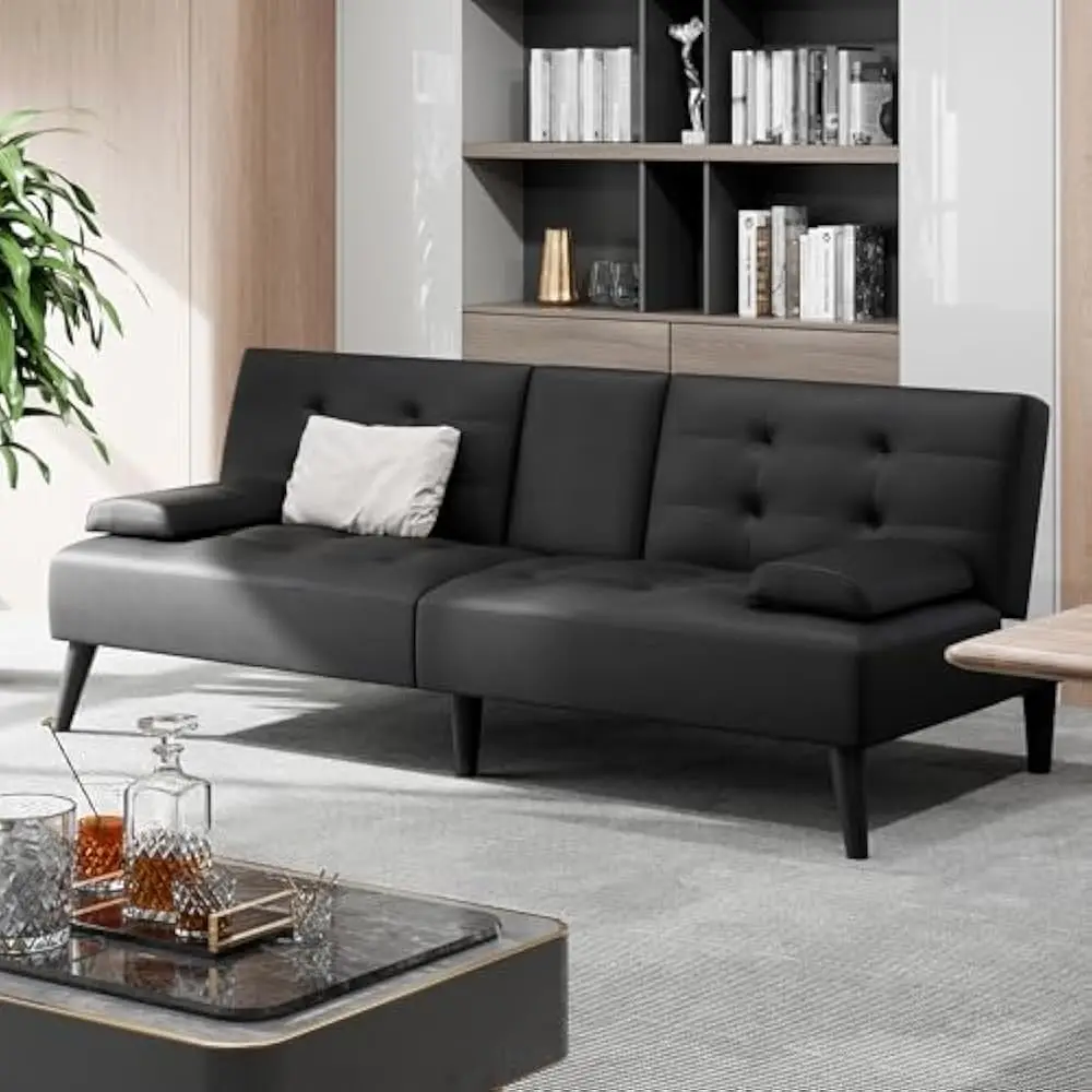 

Futon Sofa Bed, Leather Foldable Couch, Reclining Sleeper W/Removable Armrests, Upholstered Loveseat W/Folding Cup Holders
