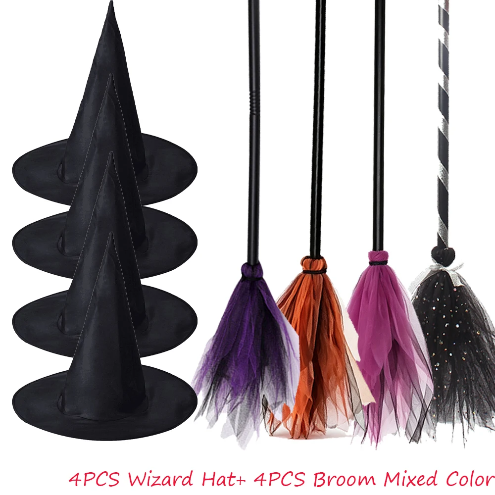 Halloween Witch Cosplay Props Set with Black Magic Hat and Flying Broomstick description 7