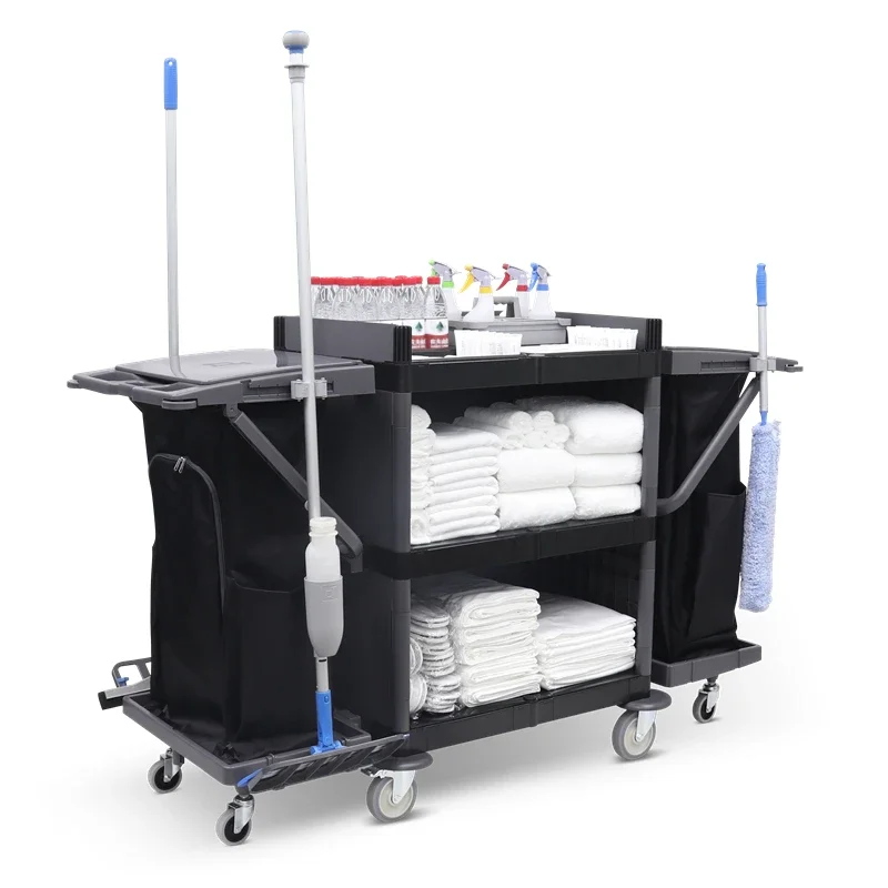 

Hotel Plastic Janitorial Cleaning Cart Commercial Cleaning Housekeeping Trolley Room Service Cart On Wheels