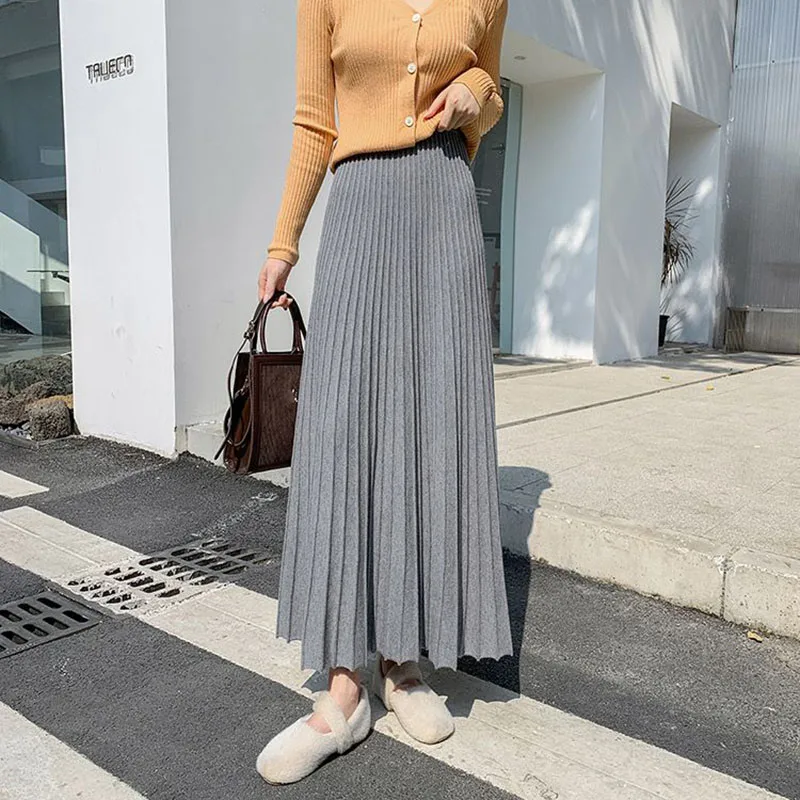 Lucyever Autumn Winter Knitted Long Skirt Women Casual Solid Thick Warm A Line Skirts Ladies All-match High Waist Maxi Skirt