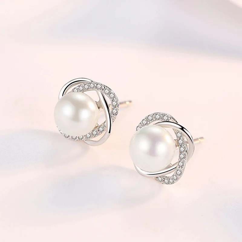 Genuine 925 Sterling Silver Crystal Jewelry New Cross Circle Pearl Stud Earrings For Women XY0200