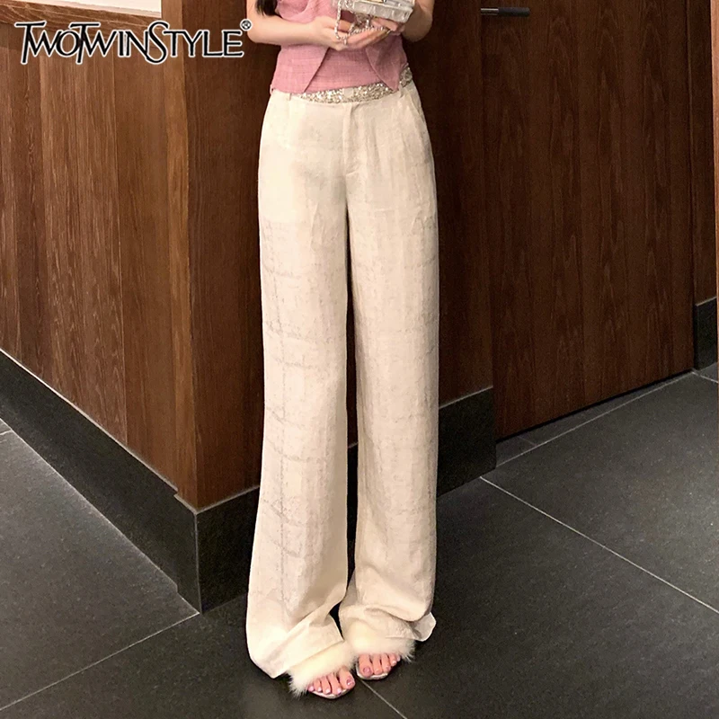 

TWOTWINSTYLE Solid Patchwork Sequins Pants For Women High Waist Patchwork Button Loose Casual Wide Leg Pant Female Fashion New