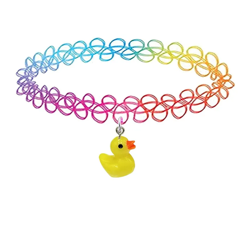 2pcs trend cute Duck rainbow tattoo chokers Yellow duck pendant necklaces set summer holiday party Duckie charm  necklace