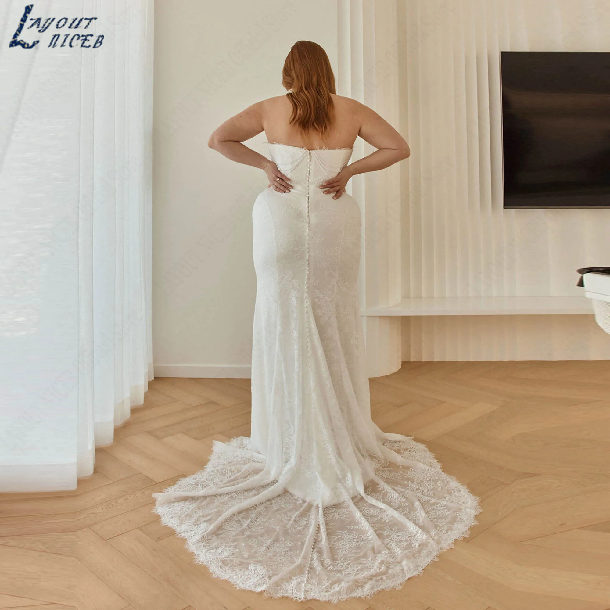 Mermaid Lace Wedding Dress with Pearl Beading Strapless Elegant Bridal Gowns 3/4 Sleeves Romantic vestidos de novia Customized