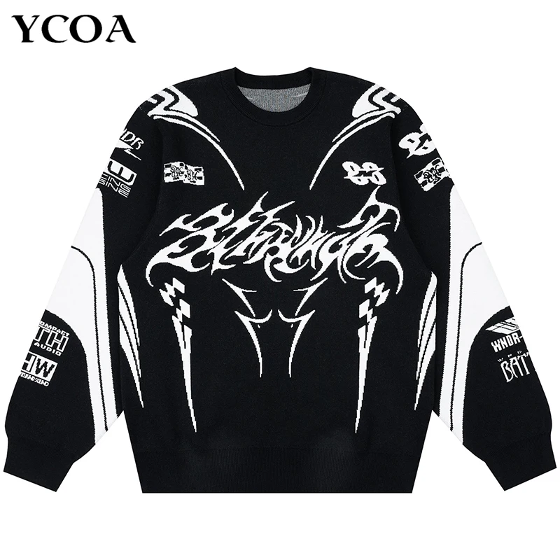 Men Winter Sweater Oversize Knit Jumpers Y2k Vintage Long Sleeve Top Harajuku Streetwear Graphic Pullovers Korean Grunge Clothes