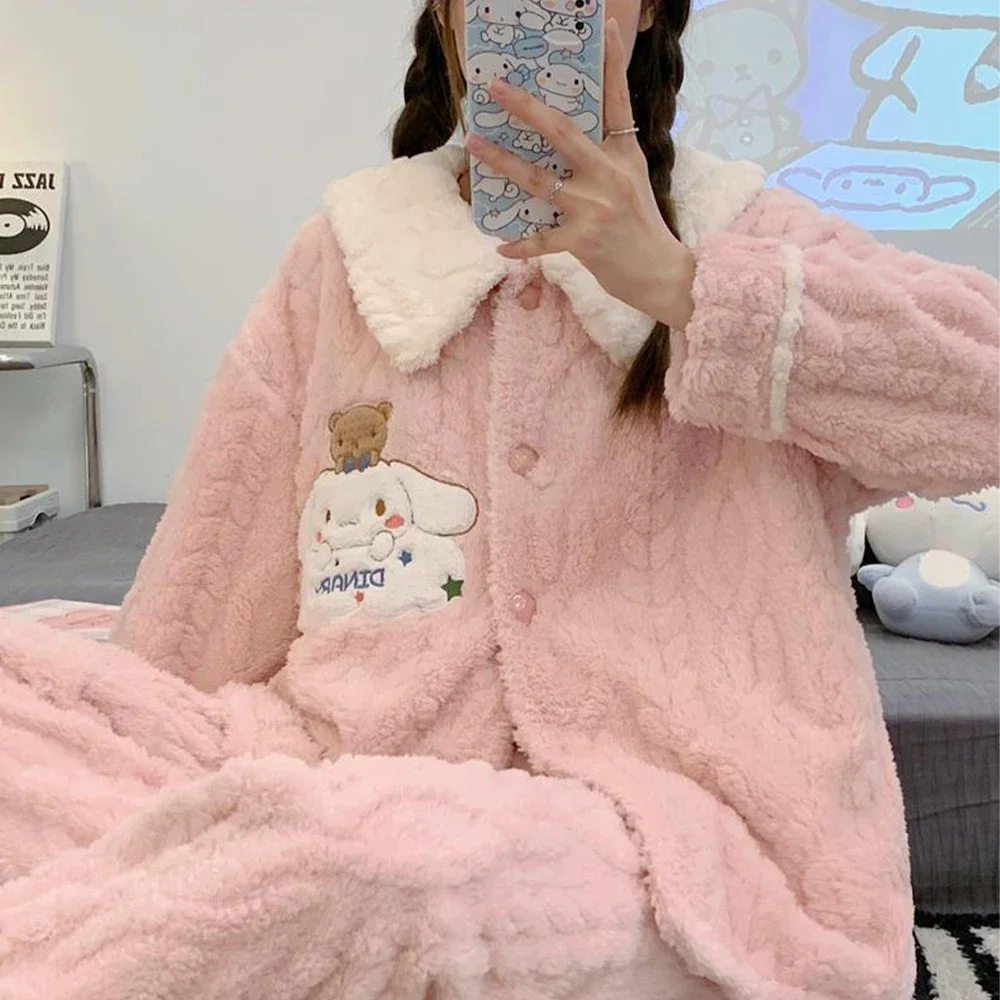 Kawaii Sanrioed Cinnamoroll Women\'s Pajama Set Anime Cute Coral Velvet Long Sleeve Thicken Warm Nightwear Autumn Winter Homewear