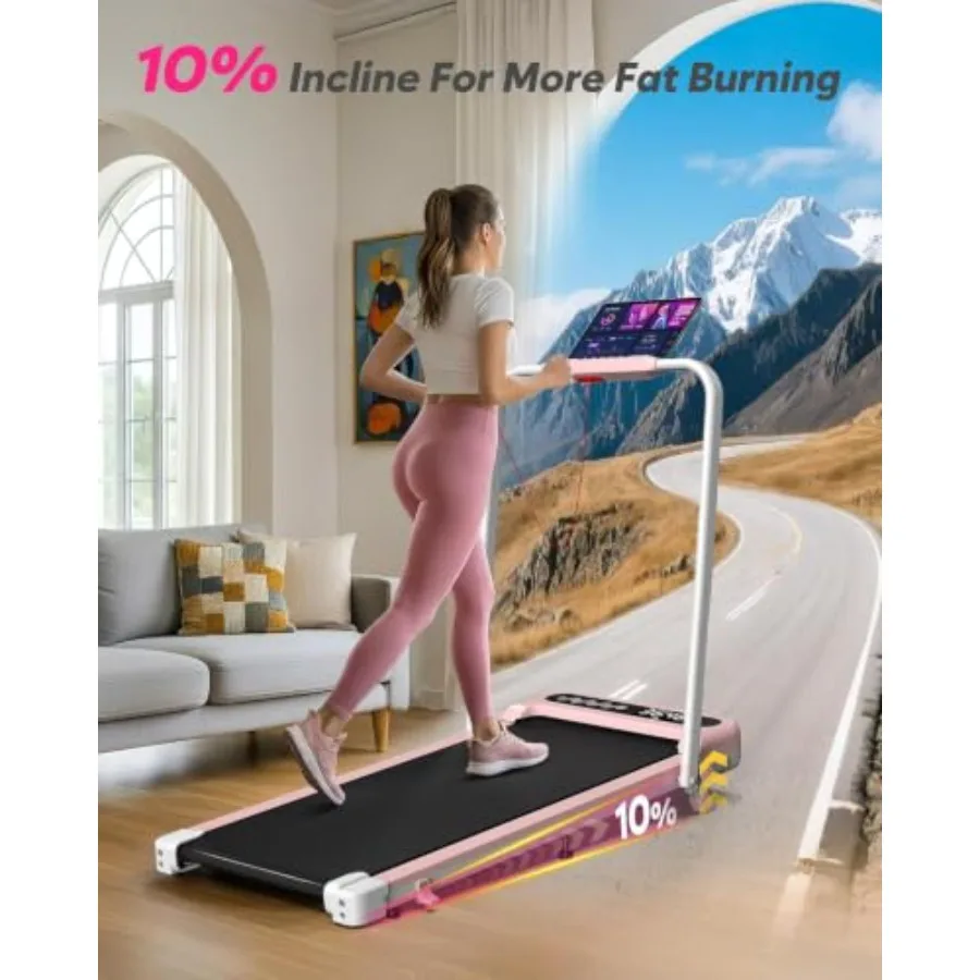 Pink Walking Pad with 10% Incline and Handle Bar, Foldable Treadmill