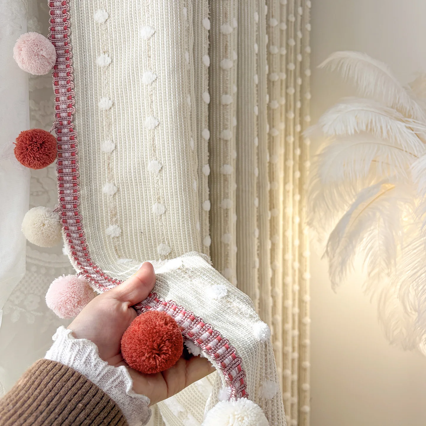 Little Cloud Custom Size Dopamine Cream Style Colorful Jelly Bean Double-Sided Lace Curtains for Living Dining Room Bedroom