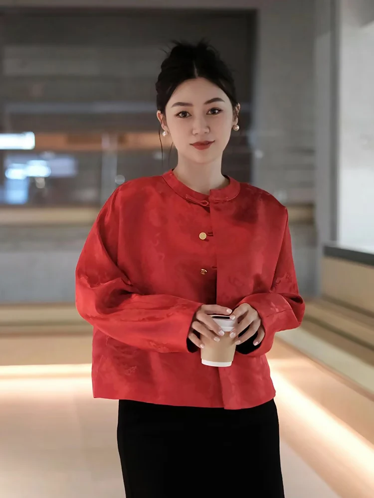 

Красная вышитая куртка с круглым вырезом для свадьбы, китайский стиль, для помолвки, женская верхняя одежда, винтажный элитный праздничный топ