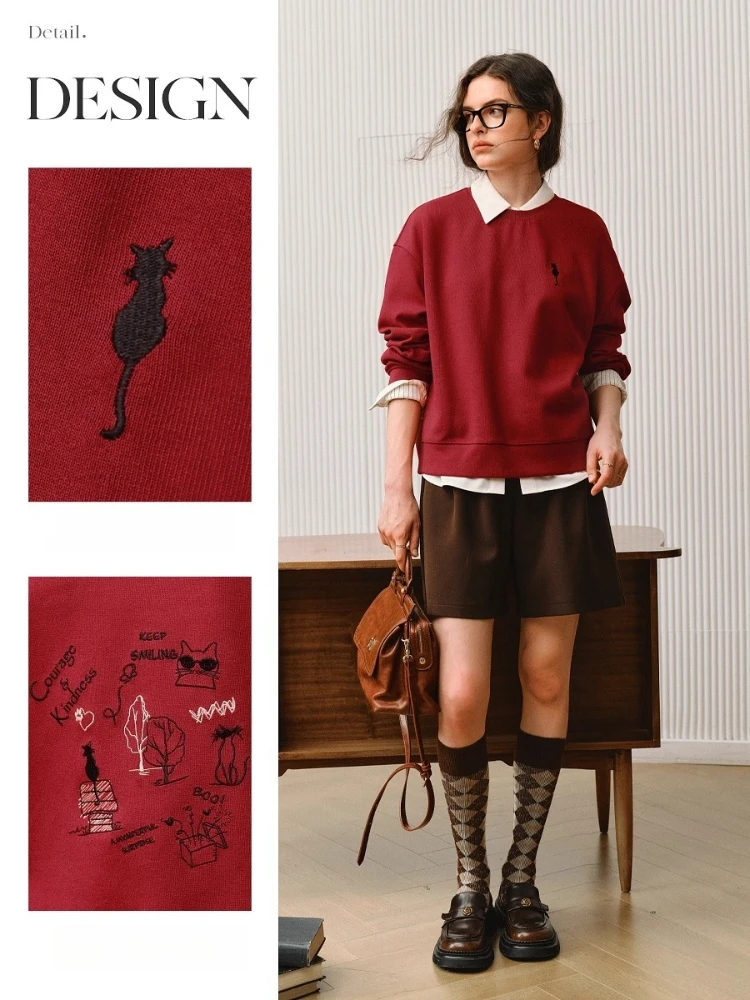 OLrain Women's Red Sweatshirts 2025 Autumn Casual Loose Shoulder Sleeves O-neck Sweater Embroidered Knit Pullovers O57QR001102