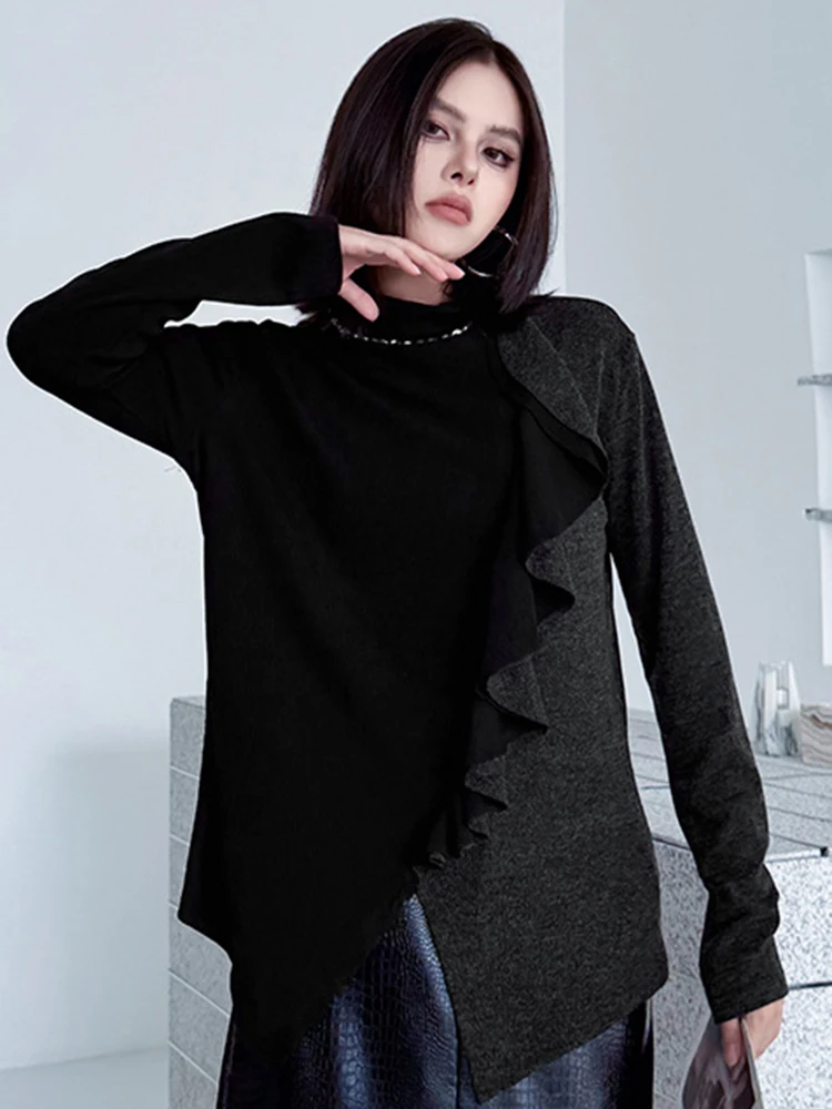 YERMORA Black Ruffles Patchwork Knitting Pullover For Women O-Neck Long Sleeve Loose New Sweater Fashion Tide Spring Autumn 2025