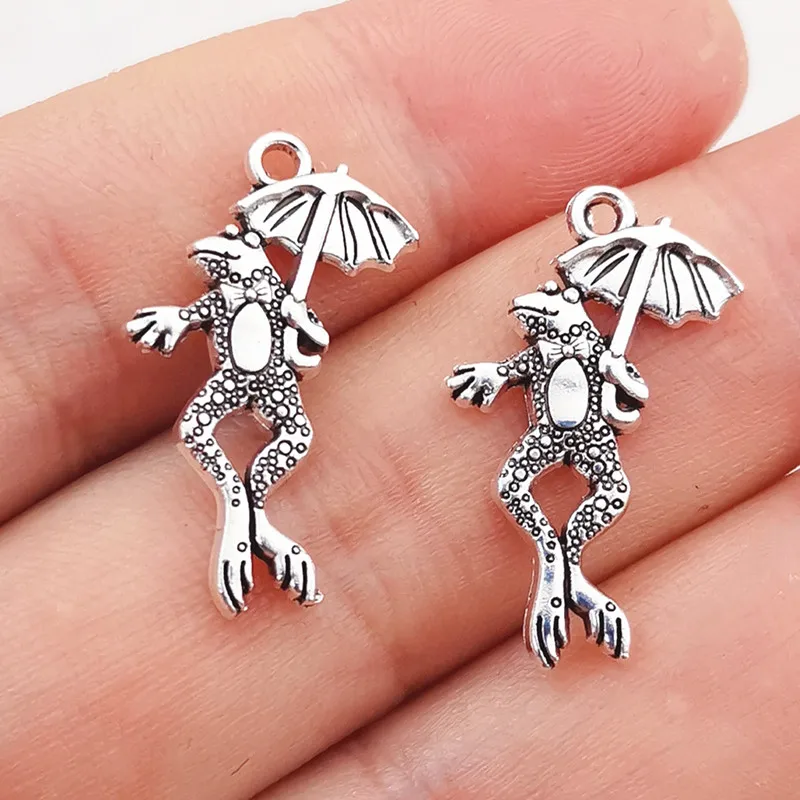 12pcs Charms Frog Holding Lotus Leaf Umbrella 26x15mm Antique Silver Color Pendants DIY Jewelry Making Handmade Tibetan Jewelry