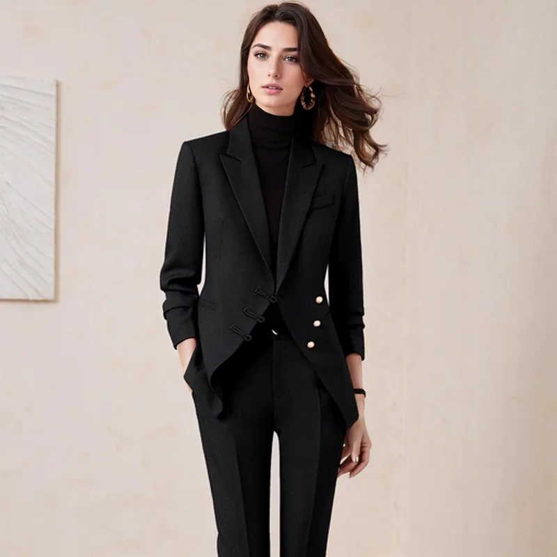 ZJYT Autumn Elegant Ladies Business Work Blazers Suit Two Piece Pant Sets for Women Long Sleeve Jacket Coat Trousers Sets Outfit