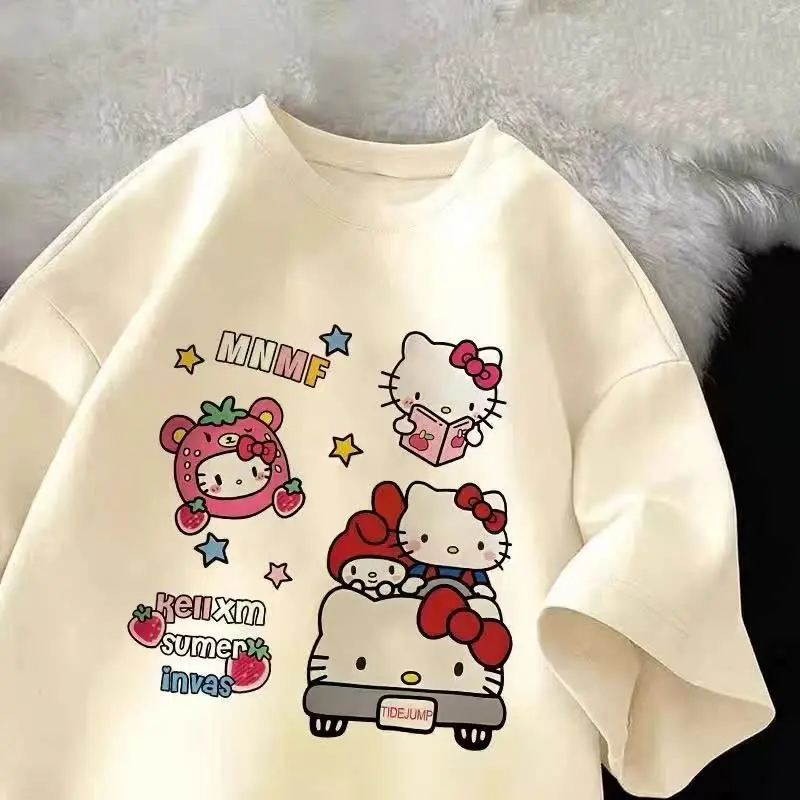 

Милый Hello Kitty креативный буквенный узор с принтом, новый летний женский периферийный топ больших размеров, свободная повседневная футболка с короткими рукавами