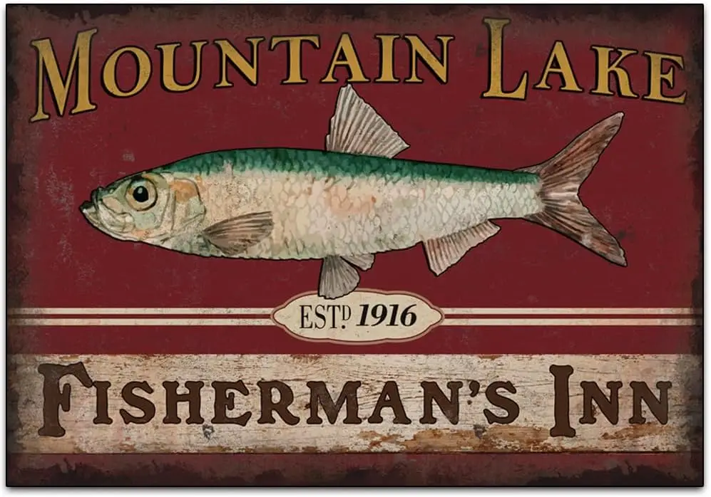 Mountain Lake Fishing- Funny Retro Classic Art Wall Decoration - Coffee Bar Tin ​Metal Signs Artwork - Original Vintage Design T