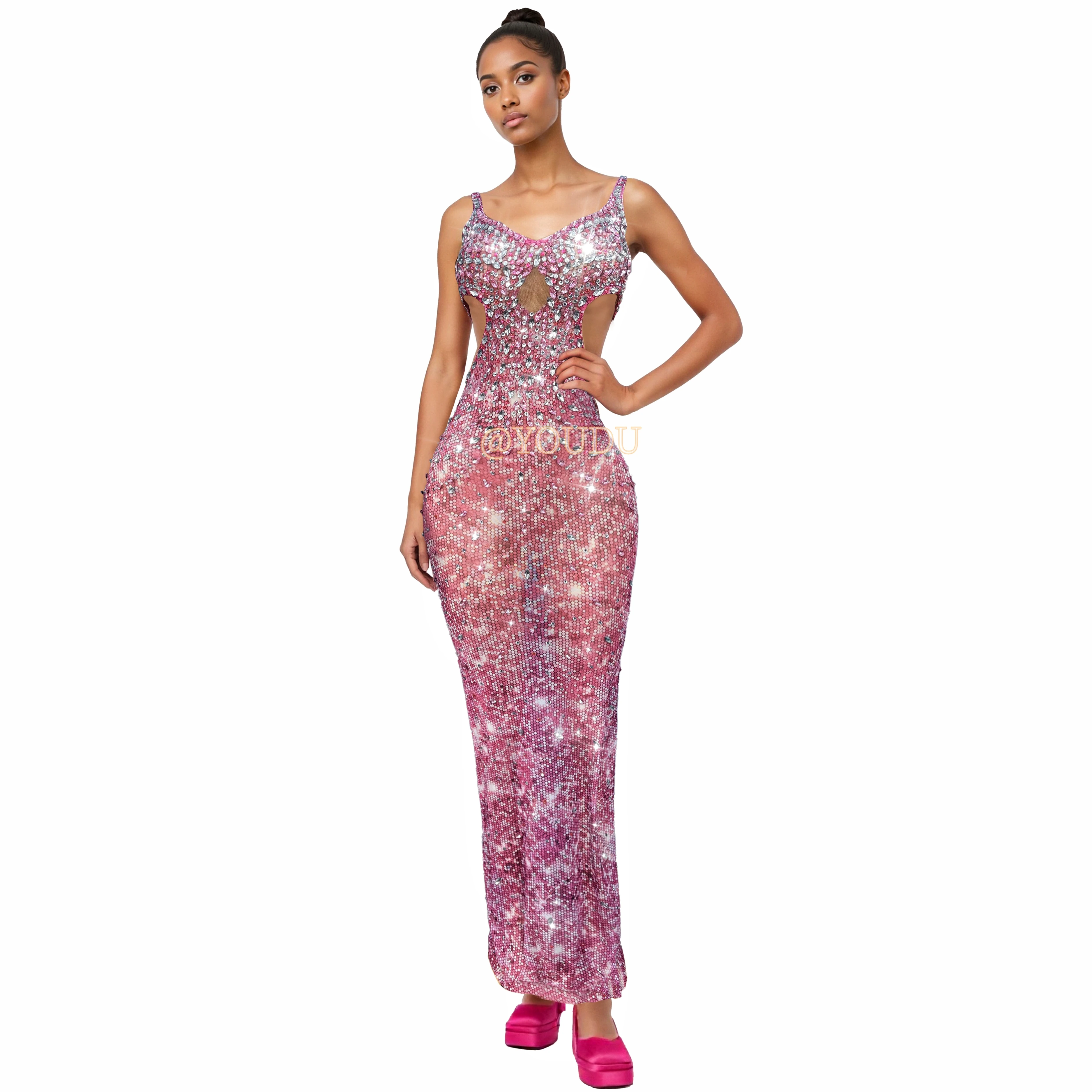 ชุดเดรสตาข่ายเว้าเอวประดับคริสตัลสีชมพูหวาน ดีไซน์หรูหรา สำหรับงานปาร์ตี้ งานราตรี งานแสดงบนเวที หรืองานพรมแดง แบรนด์เฟินฮัวมิ