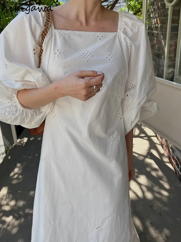 White Korean Woman Dress Temperament Lantern Sleeve Vintage Robe Femme 2024 Vestidos De Mujer Hollow Out Loose Maxi Dresses