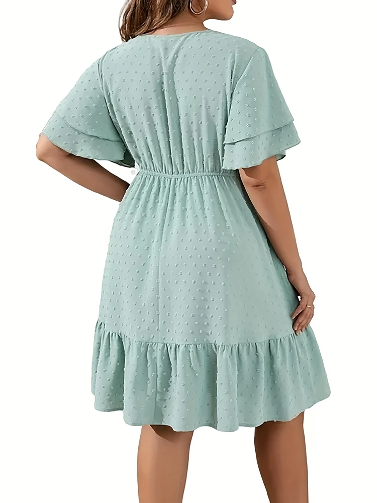 Mugen-vestido de Color liso para mujer, ropa de lunares, Jacquard, manga corta, informal, talla grande, elegante, 2024