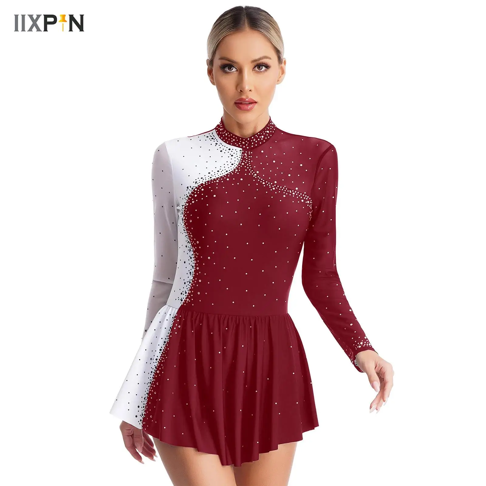 

Womens Ballet Dance Dress Long Sleeve Sheer Mesh Rhinestone Leotard Dresses for Gymnastics Figure Skating Performance Costumes