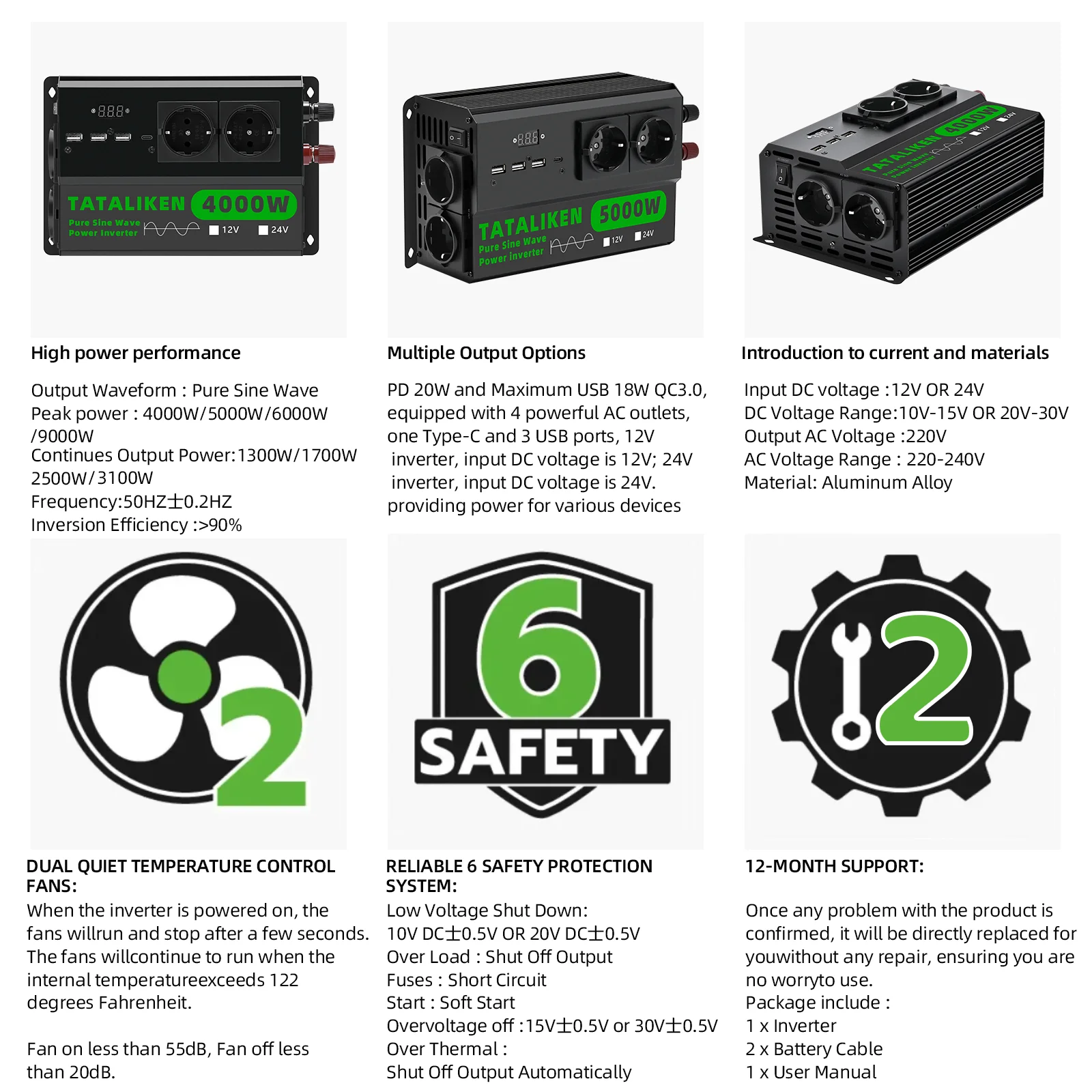 Pro Series 4000 W-6000 W reiner Sinuswellen-Stromrichter 12 V/24 V auf 220 V 50 Hz mit 4 EU-Steckdosen, Display und USB-C – Detail 3