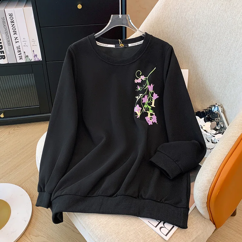 150kg large size  women's fashion round neck printing Joker sweater Spring and Autumn new long-sleeved loose cover top.