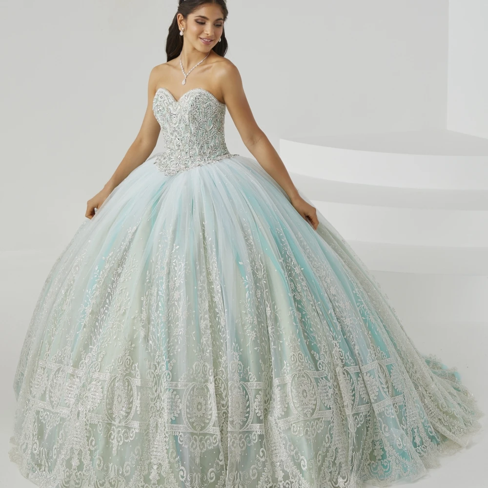 Aangepaste Mint Roze Baljurk Quinceanera Jurk Strapless Sweetheart Applicaties Kristallen Kralen Sweet 16 Feestjurk YQD208