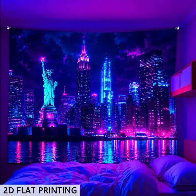 VIKAMA New York Statue Liberty Neon City Decorative Wall Tapestry Home Art Room Decor Bedroom Living Dorm Cyberpunk Soft Durable