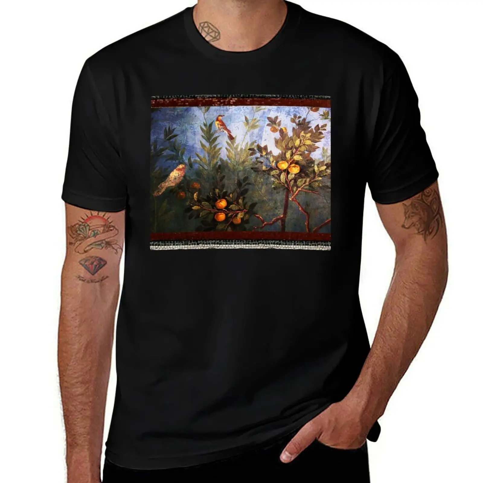 ANTIQUE ROMAN WALL PAINTING Flower Garden Flying Birds Over Quince Trees T-Shirt Cool Feeling Summer Tee Shirt T-Shirt