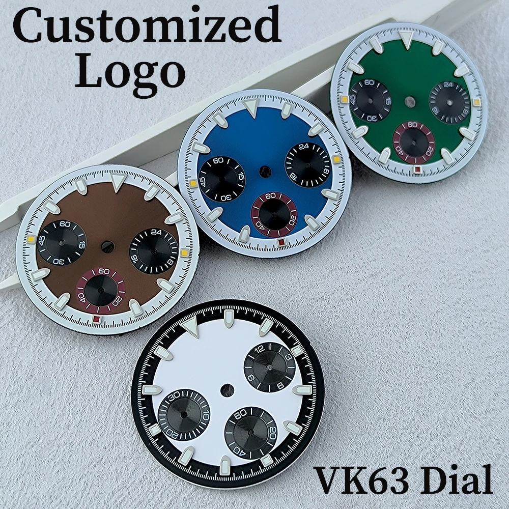 VK63 Chronograph Dial 29.5mm Customized Logo Panda Dial Green Glowing Dial Fit VK63 Quartz Movement Watch Accessories
