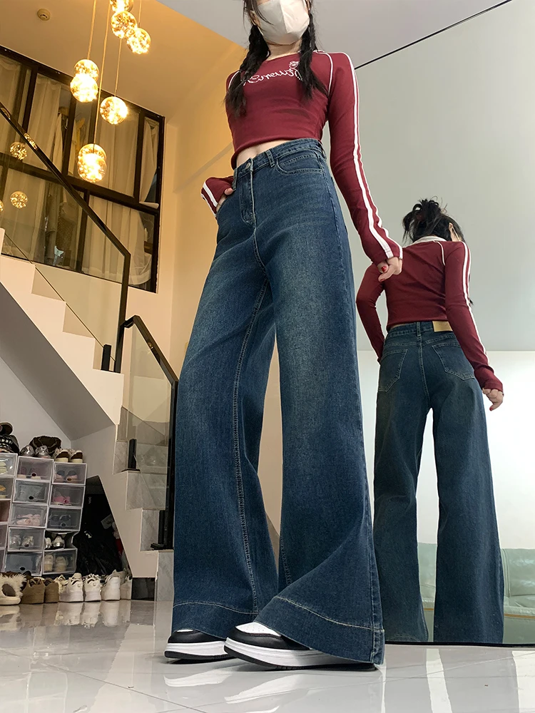 กางเกงยีนส์ทรงบานสีน้ำเงินสไตล์เรโทรสำหรับผู้หญิง ทรงหลวม เอวสูง ไม่ต้องใส่เลกกิ้งเข้าชุด ช่วยให้ดูผอม ไซส์ใหญ่ ยาวคลุมเท้า สไตล์ลำลอง