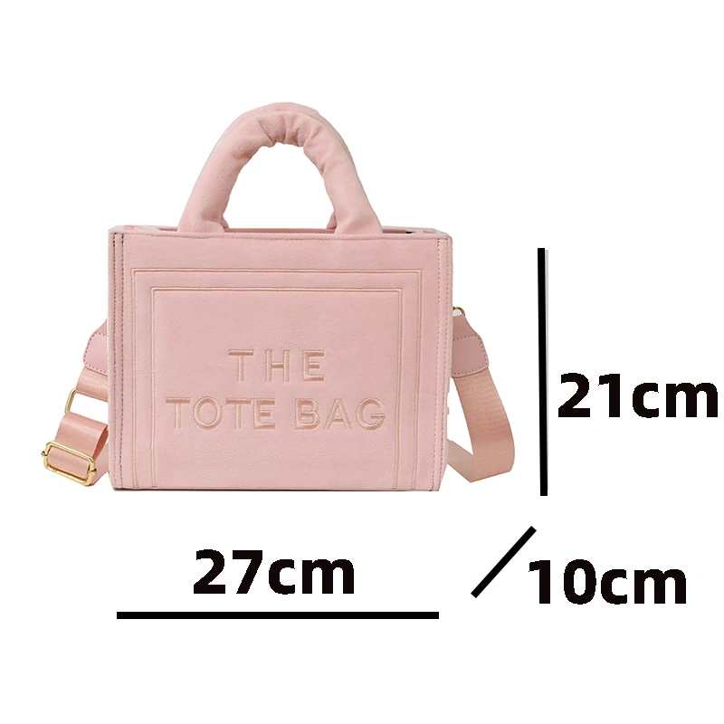 Women\'s Velour Pink Tote Bag Original Letter Print Medium Ladys Leisure Shopper Handbag Female Square Stylish Soft Shoulder Bags