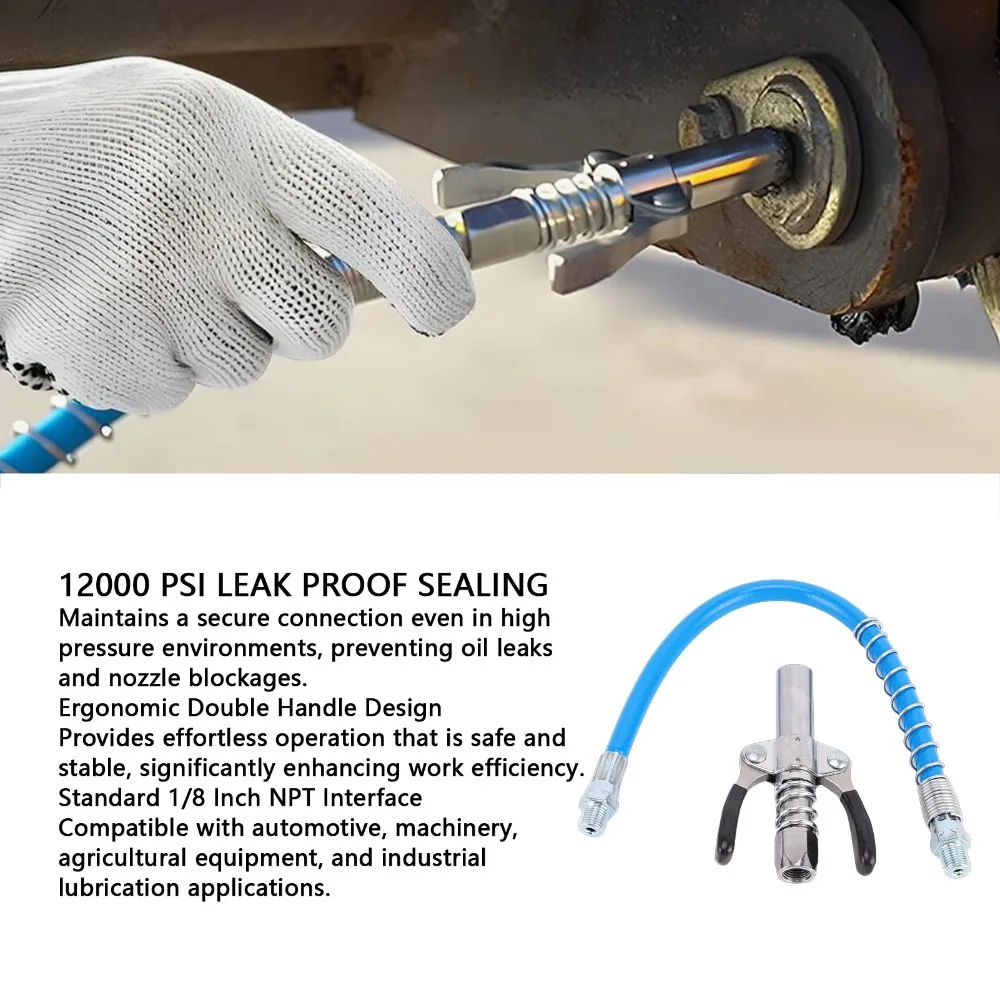 Galvanized Alloy Steel Grease Gun Coupler 12000 PSI 1/8in NPT Grease Gun Nozzle Tips 30cm Spring Tube Universal